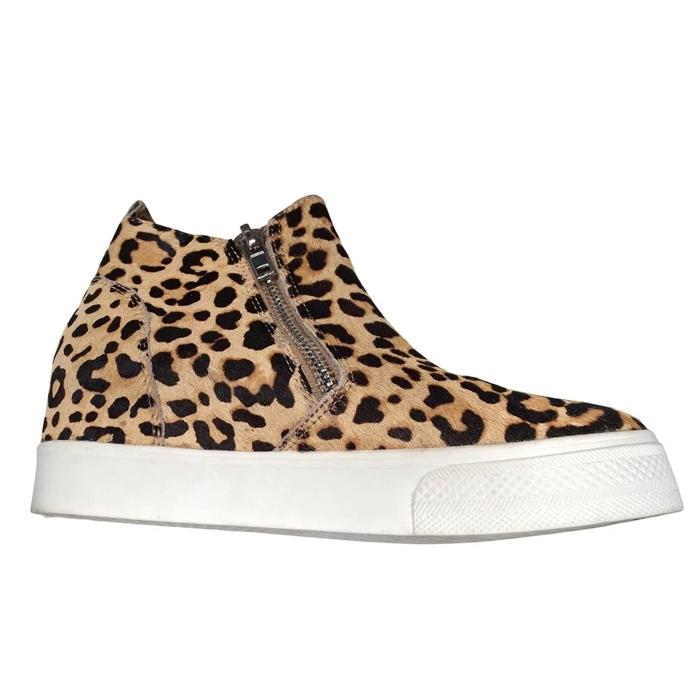 Steve Madden Wedgie Leopard Cow Hair Leather Hidden Wedge Zip Up Sneakers 8M